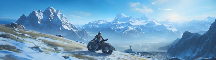 Fototapeta na wymiar Lone Explorer with ATV in Snowy Mountains