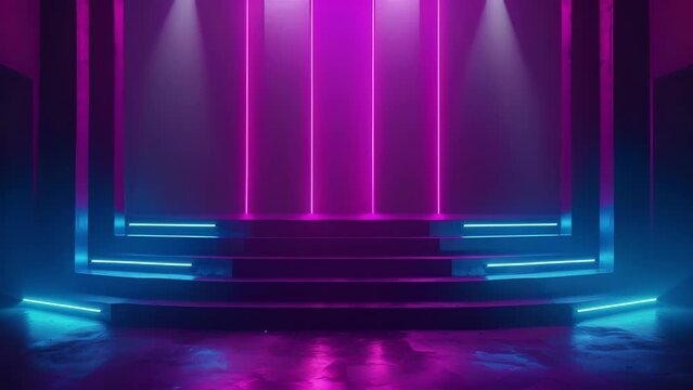 A cool and edgy podium image featuring a blend of neon blue and purple lights that exude a futuristic and avantgarde vibe. Ideal for . AI generation.
