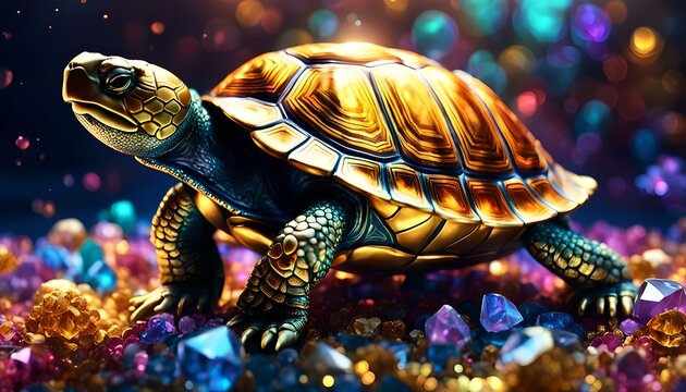 turtle on a background of precious stones. 3d illustration.
