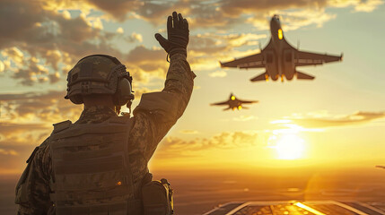 soldier waving to flying fighter jet