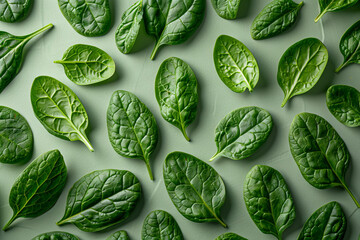 Fresh Spinach Leaves on Green Background - Healthy Vegetarian Food Concept - obrazy, fototapety, plakaty