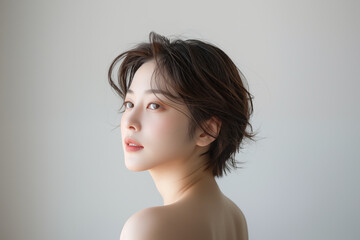 Elegant asian woman with short hair in a serene, soft-lit portrait
