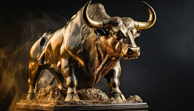 majestic angry bull statue in bronze and gold hues, set against a black background for stock market or cowboy concepts with copyspace area.
