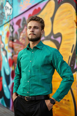 Fototapeta premium Confident Young Man Posing in Front of Urban Graffiti Wall