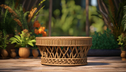 rattan table with a wooden top sits on a wooden floor in a lush garden - obrazy, fototapety, plakaty