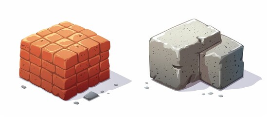 A pair of blocks placed side by side, consisting of an old red brick and a gray cement cinder block used in construction.
