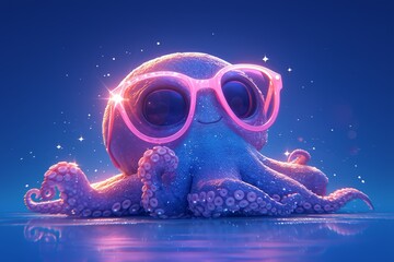 A cute octopus toy with pink sunglasses is sitting on the table, dark turquoise