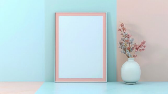 an inviting visual tableau with a pristine white photo frame adorning a subtly tinted wall, positioned alongside a charming vase filled with fresh flowers.