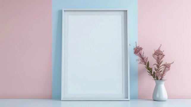 a minimalist composition featuring a white empty photo frame hanging on a gently colored wall, complemented by a tastefully arranged vase of flowers placed below.