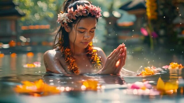An ancient cleansing ritual at the sacred Tirta Empul spring in Ubud, Bali, Indonesia.