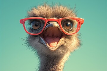 A cute ostrich wearing red glasses, with a happy face and open mouth wide, against a pastel background - obrazy, fototapety, plakaty