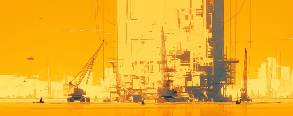 A digital illustration of a construction site with cranes and workers, building under a steel frame structure. 