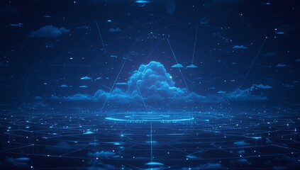 A digital illustration of cloud computing technology with blue background, featuring floating clouds and data connections - obrazy, fototapety, plakaty