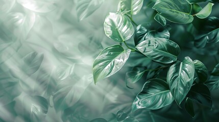 An ethereal scene of intertwining diamond-coated philodendrons against a double exposure background of dark green and light gray, celebrating minimalism and negative space. - obrazy, fototapety, plakaty