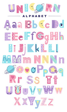 English alphabet of Pastel colors for kids. Doodle font for nursery poster, cards, t-shirts. Hand drawn vector illustration