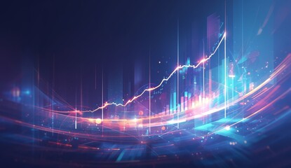 A digital illustration of financial charts and graphs, with glowing lines representing data growth on an abstract background. 