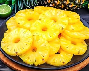 Pineapple rings were arranged, their golden hue promising tropical flavors, a feast for the senses, closeup