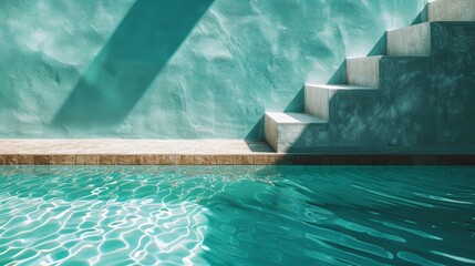 Abstract image of a swimming pool with a fin protruding, set against seafoam green and light blue backgrounds.