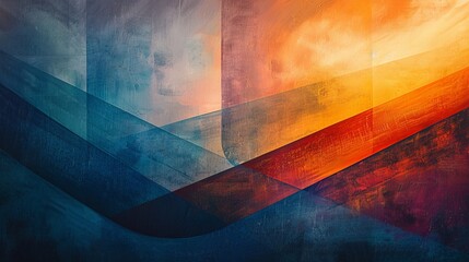 Abstract image featuring cassette tape motifs in deep blue, orange-red, and yellow-orange. Minimal patterns with negative space, evoking a dreamlike sense of maturity. - obrazy, fototapety, plakaty