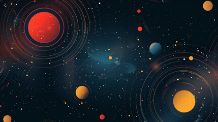 Obraz premium A modern observatory merges with a cosmic arcade against a backdrop of abstract navy blue, scarlet red, and lemon yellow patterns. Minimalistic with a focus on negative space.