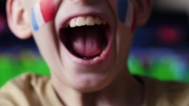 portrait of an expressive Caucasian boy, 10 years old, with the French flag painted on his cheek in paint, rejoicing at the success of the team. French football young fan with the symbols of the natio