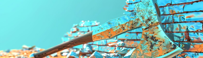 The axe rested against the wall, its blade scarred from the heat of battle, a testament to the warriors strength, closeup