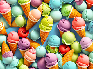 scoops of ice-cream different flavors of icecream, hd sharp detailed illustration abstract background, generative AI 