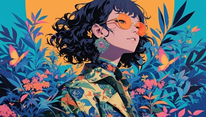 A fashion photoshoot of a woman with curly hair wearing orange sunglasses. She is surrounded by colorful butterflies