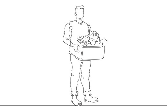 recommend clip art: Farmer with products. A man carries a box of vegetables and herbs. Farmer with eco products.One continuous line . Line art. Minimal single line.White background. One line drawing.