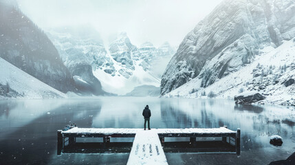 A man stands on the boat pier of a mountain lake in winter - obrazy, fototapety, plakaty