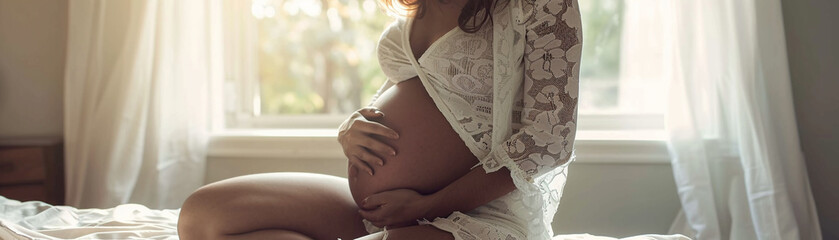 Pregnant woman, maternity underwear, lovingly hugs stomach
