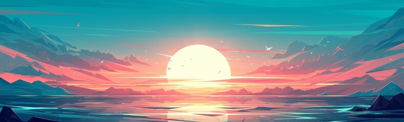 A flat vector illustration of the setting sun over mountains and sea, with a pink sky and clouds