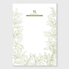 Green tea branch with leaves Border, frame, template for menu page, product label, cosmetic packaging. Vector illustration. In botanical style - 783696673