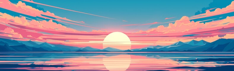 A flat vector illustration of the sunrise over mountains and sea, with simple vector art in the style of flat colors at a high resolution. - obrazy, fototapety, plakaty