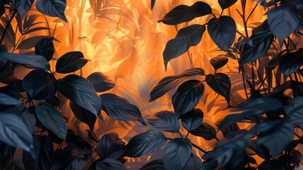 A mesmerizing scene of a twilight storm brewing over a lush philodendron garden, with silhouettes blending into abstract steel patterns against a stunning sunset of Blazing Orange - obrazy, fototapety, plakaty