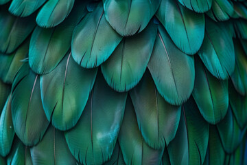 Vibrant Teal and Green Bird Feathers Texture Close-Up - obrazy, fototapety, plakaty