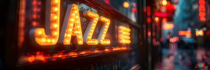 Neon Jazz Sign Illuminating a Moody City Street at Dusk