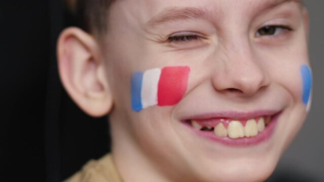 a handsome boy 9 years old with a painted French flag on his cheek looks at the camera smiling and winking his eye. French young patriot with the symbols of the country on his face