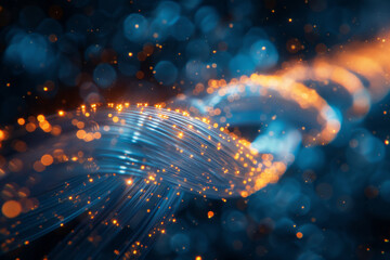 Glowing Fiber Optic Cable with Abstract Light Bokeh Background - obrazy, fototapety, plakaty