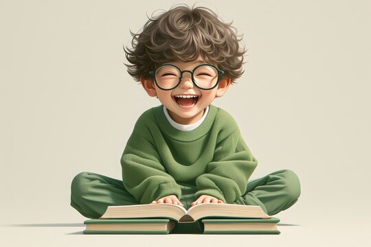 A cute little boy wearing glasses is sitting on top of books and laughing, with a pastel background 