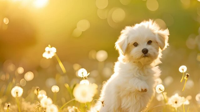 Bichon frise puppy surrounded by a halo of dandelion seeds