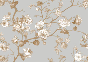 Blossom trees with flowers. Seamless pattern, background. Vector illustration. In Chinoiserie, japandi, botanical style - 783697203