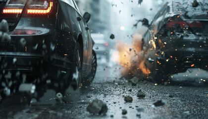 A car crash scene with a car that is on fire