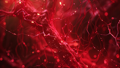 A close up of red blood vessels with a red background - obrazy, fototapety, plakaty