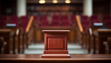 The image shows an empty wooden podium in a courtroom with empty red velvet seats. - obrazy, fototapety, plakaty