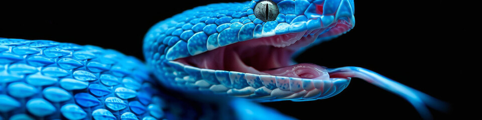 Vibrant Blue Snake Close-up on Dark Background - obrazy, fototapety, plakaty