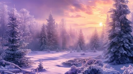 winter panorama landscape with forest, trees covered snow and sunrise. winterly morning of a new day. - obrazy, fototapety, plakaty