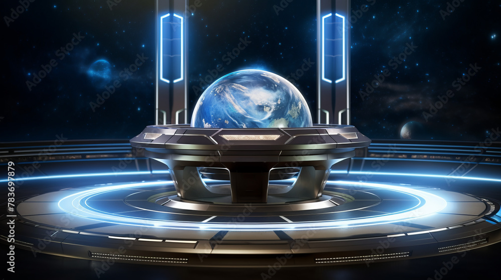 Poster The image shows a 3D rendering of a futuristic spaceship with a large window looking out into space. There is a planet in the distance.