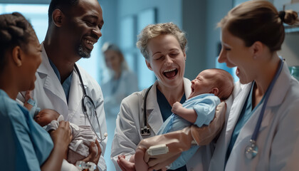 A group of doctors and nurses are smiling and laughing while holding a baby
