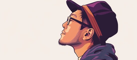Close-up of a man with a hat and glasses. Profile view of a young Asian hipster man.